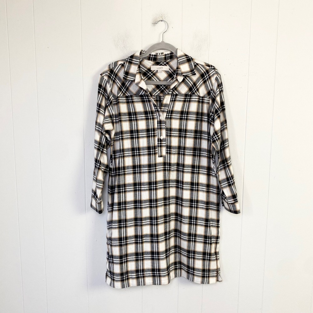 LOFT Petites Black White Tan Plaid Long Sleeve Shirt Dress Size Small